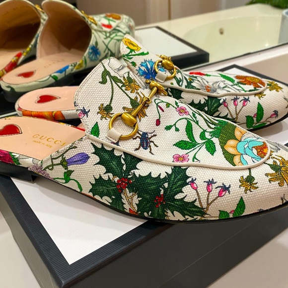 Gucci Princetown White Floral Canvas Loafers sandals EU 38 - Picture 4 of 16
